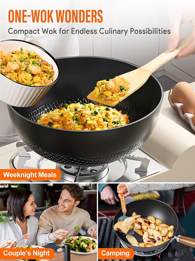 10.5-Inch Carbon Steel Wok ??Lightweight Flat-Bottom Stir-Fry Pan for 2?? Servings, Authentic Chinese Cooking, 2-Piece Set