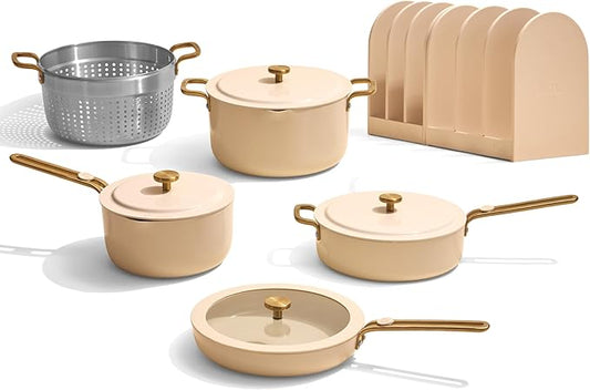 Our Place 11-Piece Essentials Complete Cookware Set - Ceramic Fry Pan, Saucepan, Saut챕 Pan, Stock Pot, Strainer Basket & Rack Storage | Thermakind??Nonstick, Oven Safe up to 450째F | Cream
