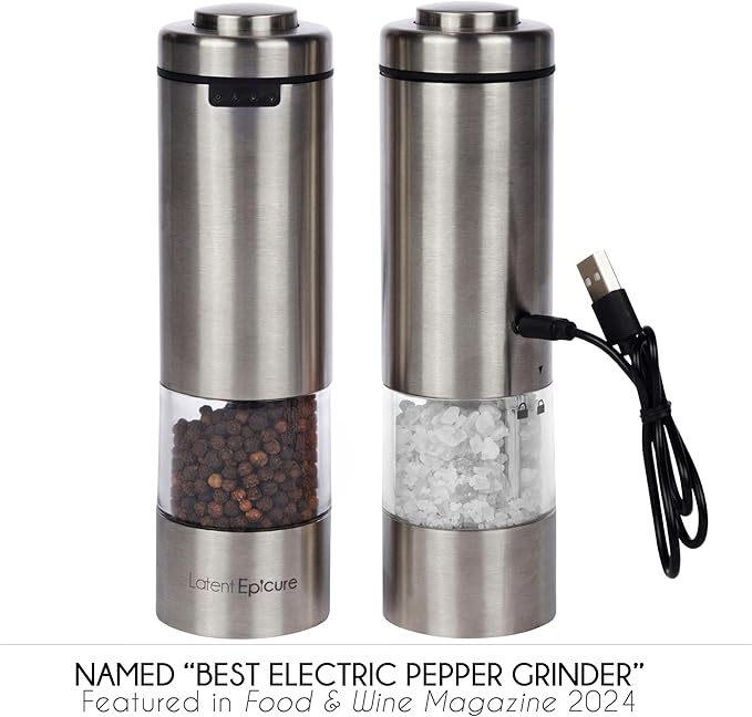 Electric Salt & Pepper Grinder Set ??USB-C Rechargeable Stainless-Steel Mills & Shakers with LED Light, Adjustable Ceramic Grinders & Acrylic Rest Tray