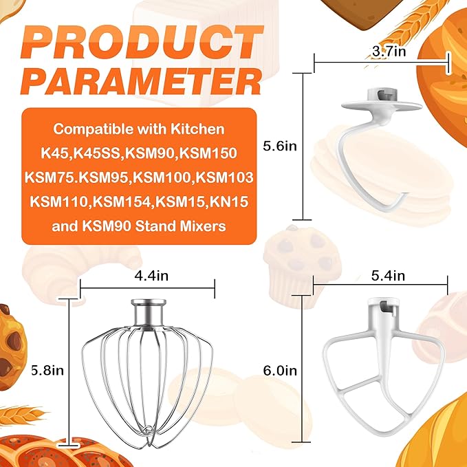 3-Piece Set Mixer Accessories for KitchenAid 4.5QT Tilt-Head Stand Mixers, Stainless Steel K45WW, Enameled K45DH & Enameled K45B, All Dishwasher Safe(Machine/Mixer Not Included)