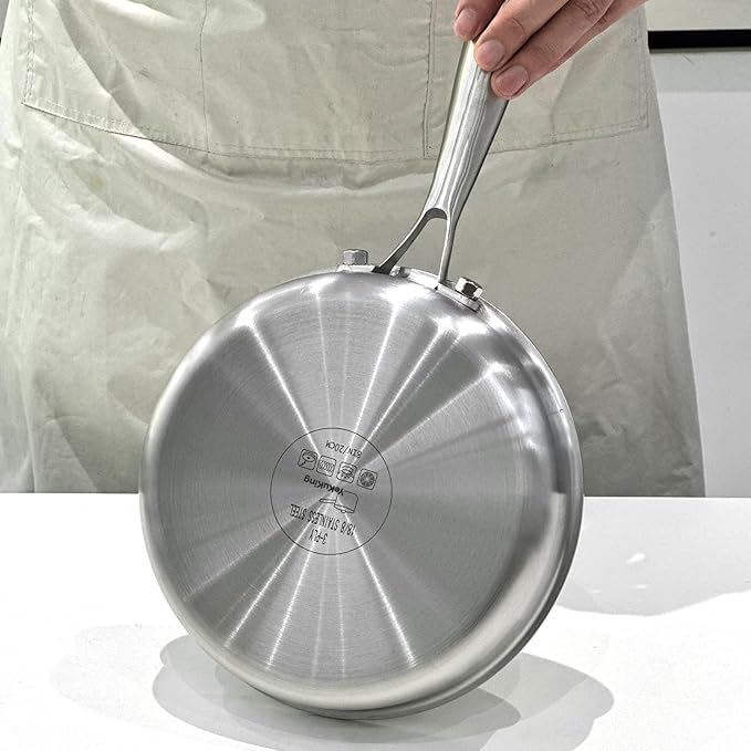 Tri-ply Stainless Steel Frying Pan 12 Inch Large Skillet for Chef's Cooking Pan Induction Oven Dishwasher Safe, Compatible with All Cooktops Up to 600??with Kitchen Tongs(Detachable Handle)