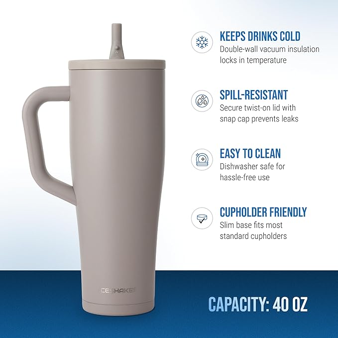 Ice Shaker 40 oz Tumbler with Handle and Straw | 40oz Java | Cold for 30+ Hours | 2-in-1 Tumbler Shaker Bottle | Odor-Free 40 ounce Bottle for Water, Protein Shakes, Smoothies, Cocktails