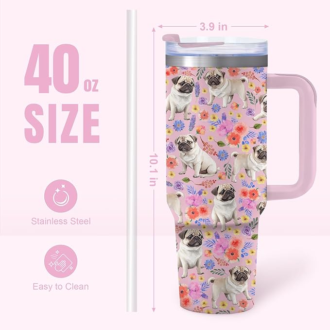 Yogusut Pug Gifts for Women, 40oz Stainless Steel Insulated Tumbler Travel Mug Cup with Handle Straw, Gifts for Dog Mom Dog Lover