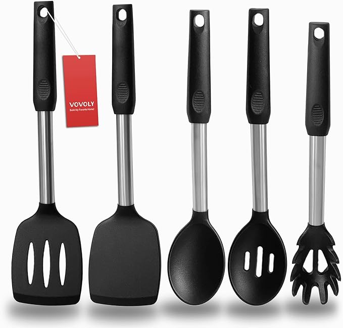 Silicone Spatula and Cooking Spoon,5 Pack Non-Stick Cooking Utensils for Kitchen竊똇eat Resistant Solid & Slotted Spoons and Spatulas, Stainless Steel Handle Coated with Silicone,Black