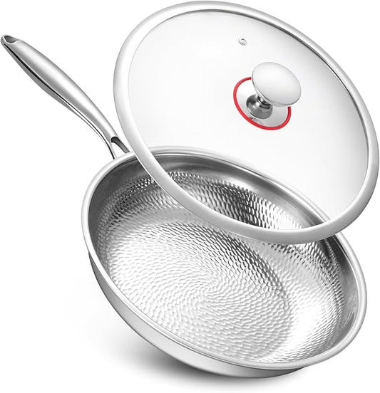 Lazycorner Hammered Non Stick Frying Pan with Lid - 12 Inch Stainless Steel Kitchen Cookware Pot Scratch-Resistant, Even Heating Cookware for All Stovetops (12in-With Lid)