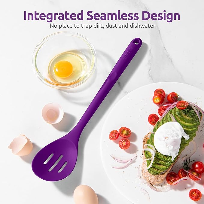 600쨘F Heat Resistant Slotted Spoon: U-Taste 13.3in Solid Kitchen Cooking Spoon, Nonstick Food Grade Large & Long Rubber Utensil for Mixing, Serving, Stirring, Basting, Frying, Draining (Purple)
