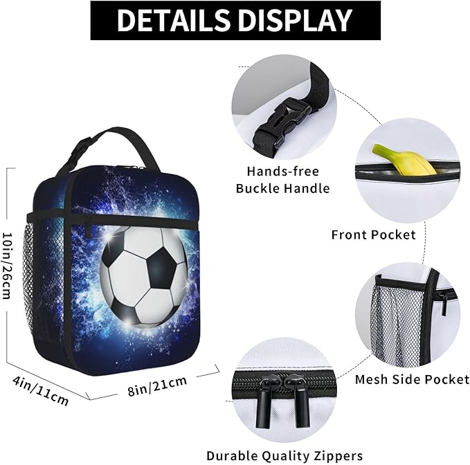 YIJIUWKIS Sports Lunch Box with Soccer Pattern Print, Blue Insulated Lunch Bag for Kids Teens Boys Girls, Reusable Lunch Bag Ice Packs Containers Tote Handbag with Water Bottle Holder and Handle