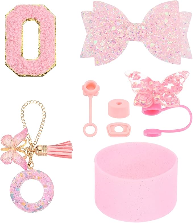 uxcell 8Pcs Cup Accessories Set for Cup Tumbler with Handle, Including Silicone Straw Cover, Boot, Spill Proof Stopper, Handle Charm, Initials Sticker(Letter O, Pink)