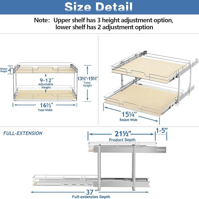 ROOMTEC 2 Tier Individual Pull Out Cabinet Organizer 16쩍"W x 21쩍"D, Slide Out Wood Shelves Organizers, Pull Out Drawers Organization and Storage for Kitchen Cabinet