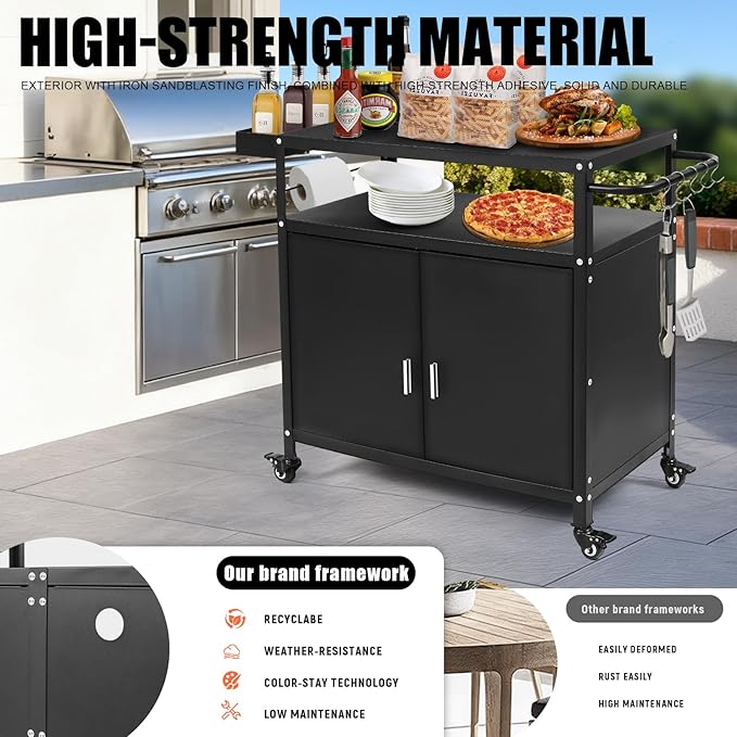Kqoya Grill Cart with Storage, Outdoor Bar Cart Rolling BBQ Cart Movable Pizza Oven Table Stand with Foldable Stainless Steel Top & Storage Cabinet, Black（34.6 x 17.7 x 34.6 Inch）