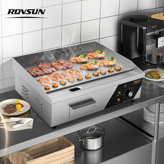 ROVSUN 22" Electric Countertop Flat Top Griddle, 1600W Electric Griddle, Teppanyaki Grill Stainless Steel with Adjustable Temperature Control 122째F-572째F for Home Restaurant Commercial