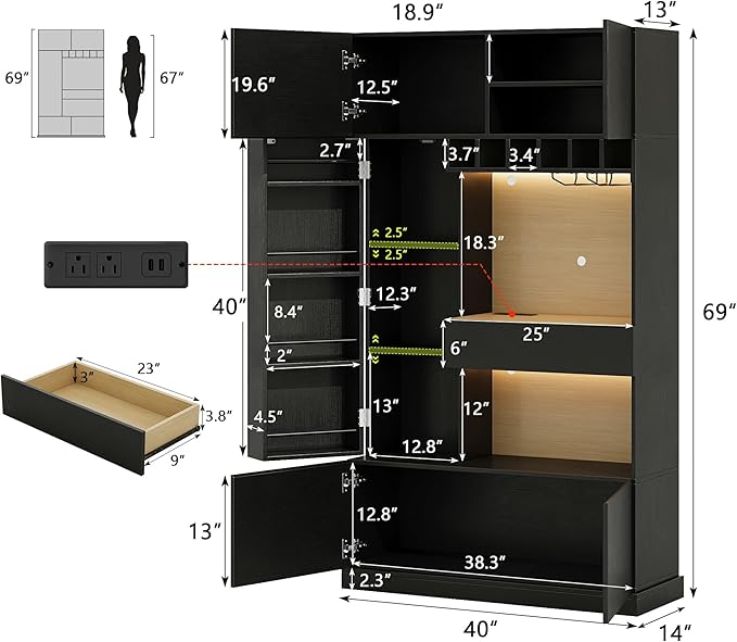 iPormis 69" Tall Kitchen Pantry Storage Cabinet with LED Lights & Microwave Stand & Wine Rack, Kitchen Hutch with Door Shelves & Adjustable Shelf & Drawers & Charge Station for Living Room, Black