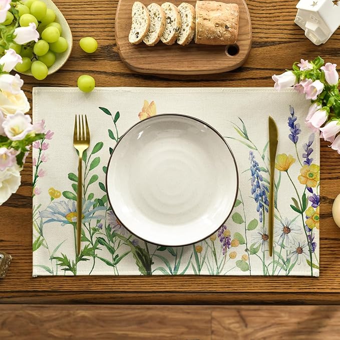 Artoid Mode Daisy Eucalyptus Lavender Floral Leaves Spring Placemats Set of 4,12x18 Inch Seasonal Table Mats for Party Kitchen Dining Decoration
