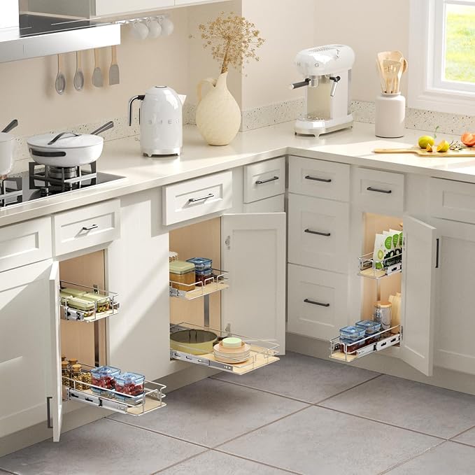 ROOMTEC 2 Tier Individual Pull Out Cabinet Organizer 7쩍"W x 21쩍"D, Slide Out Wood Shelves Organizers, Pull Out Drawers Organization and Storage for Kitchen Cabinet