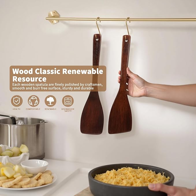 Wooden Spatula for Cooking, Long Handle Corner Spatulas for Frying Pan, Right Hand Wood Turner for Cooking Kitchen Utensils