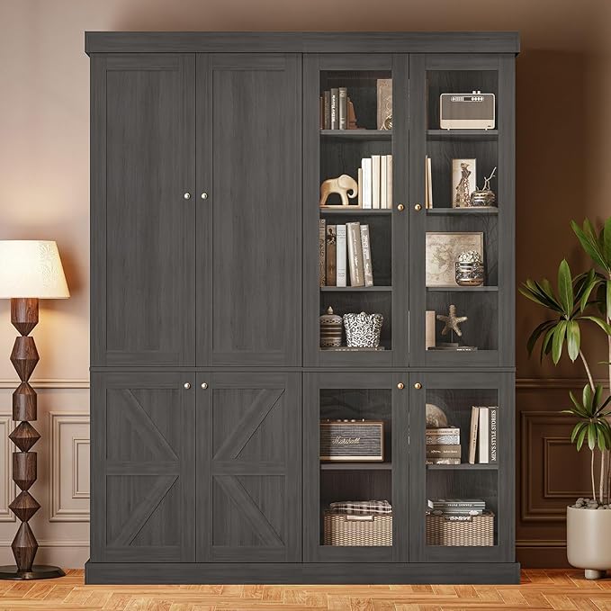 70.8" Tall Farmhouse Bookshelf, Modular Bookcase with Glass Doors, 6-Tier Adjustable Shelves, Large Storage Cabinet for Kitchen, Living Room, Black, Set of 2