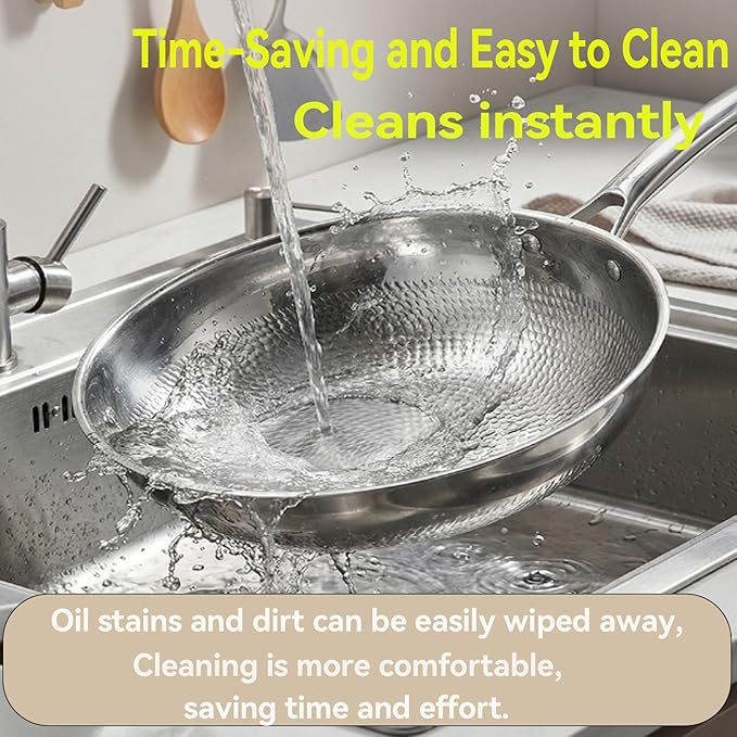 Titanium Hammered Wok Pure with Lid, No Coating Non-Stick Titanium Cookware, Frying Pans, Hammered Pan, Ultra-Durable, Scratch-Resistant, Even Heating Frying Pans, Safe for Oven,12.59in