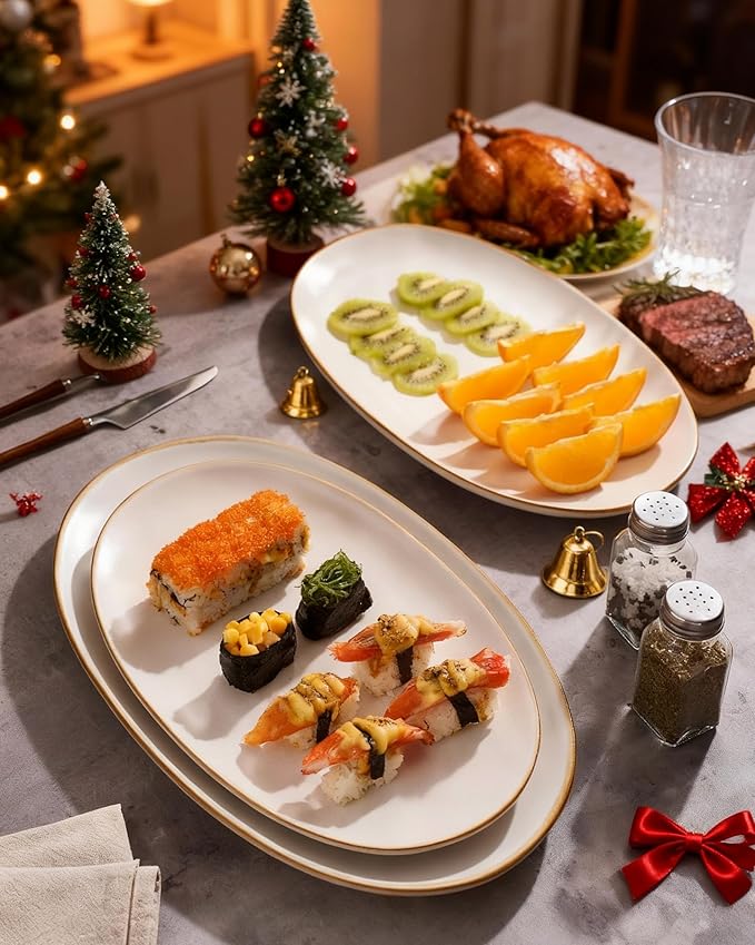 famiware Serving Platter, Oval 15.59/14.3/12.9inch Serving Dishes for Entertaining, Serving Bowls, Microwave Safe, Stoneware Serving Trays for Party, Food, Turkey, Cheese, Ocean Series, Vanilla White