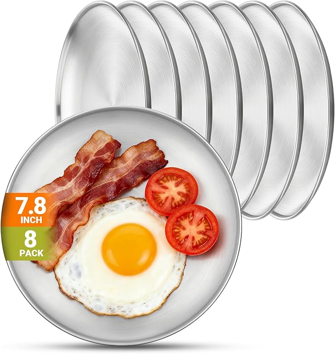 8 Stainless Steel Plates, 7.8 inch Small 201 Metal Camping Plate, Reusable Food Serving Dish Snack Eating Dishes Round Shatterproof Brushed Finish Silver Dish for Dinner Oven Dishwasher Safe