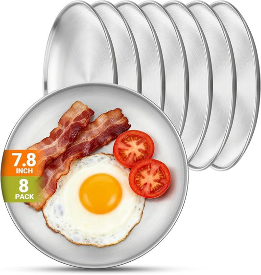 8 Stainless Steel Plates, 7.8 inch Small 201 Metal Camping Plate, Reusable Food Serving Dish Snack Eating Dishes Round Shatterproof Brushed Finish Silver Dish for Dinner Oven Dishwasher Safe