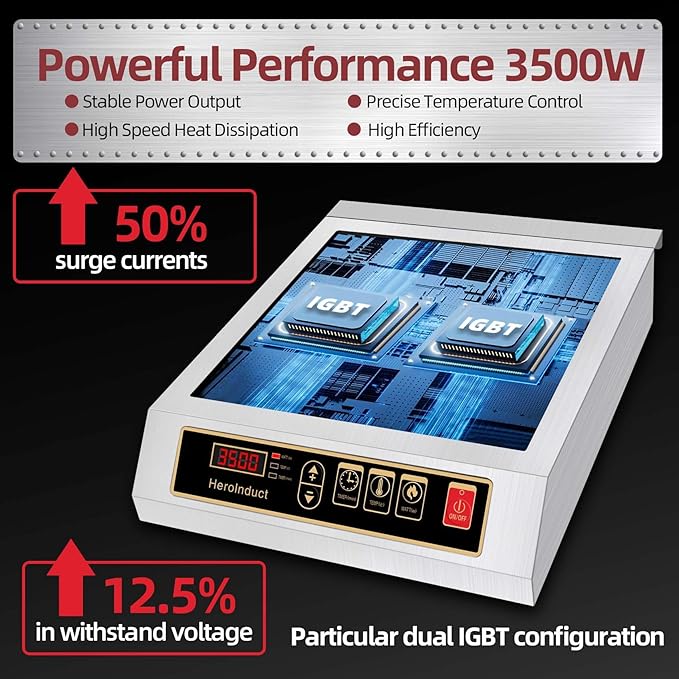 Induction Cooktop 208-240V 3500W Commercial Induction Burner Dual IGBT Modules 8 Heating Level Sensor Push-Button Premium Stainless Steel Housing Crystal Glass Electric Cooktop（Black）