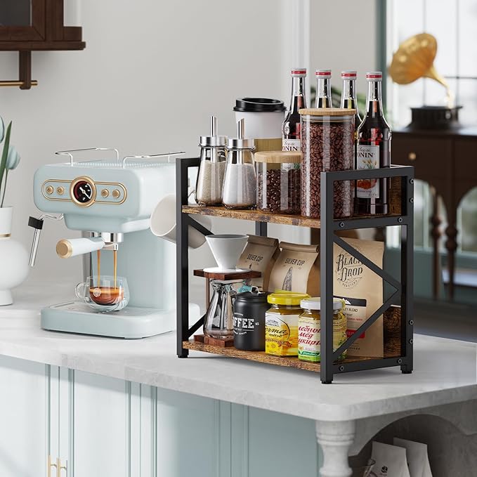 Spice-Rack-Organizer-Shelf for Kitchen Counter, 2 Tiers Coffee Bar Station Organizer for Countertop竊똕pace Saving Desk Shelving Riser Unit (Rustic Brown, Small)