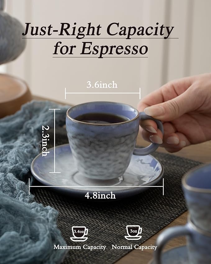 3oz Italian Espresso Cups set of 4, Vintage Ceramic Double Espresso Coffee Cups with Saucers, Small Demitasse Coffee Mug Set for Espresso Machine
