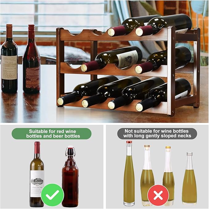 Wine Rack, 12 Bottles 3-Tier Free Standing Wine Racks, Wine Rack Countertop Holder Storage Shelf for Kitchen Cabinet Dining Room Bar (Brown)