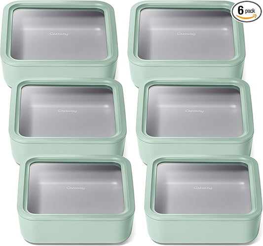 Caraway 6pc Glass Food Storage Set ??10 Cup Food Containers (6) - Ceramic Coated - Non Toxic, Non Stick with Lids - Microwave Safe - Mist