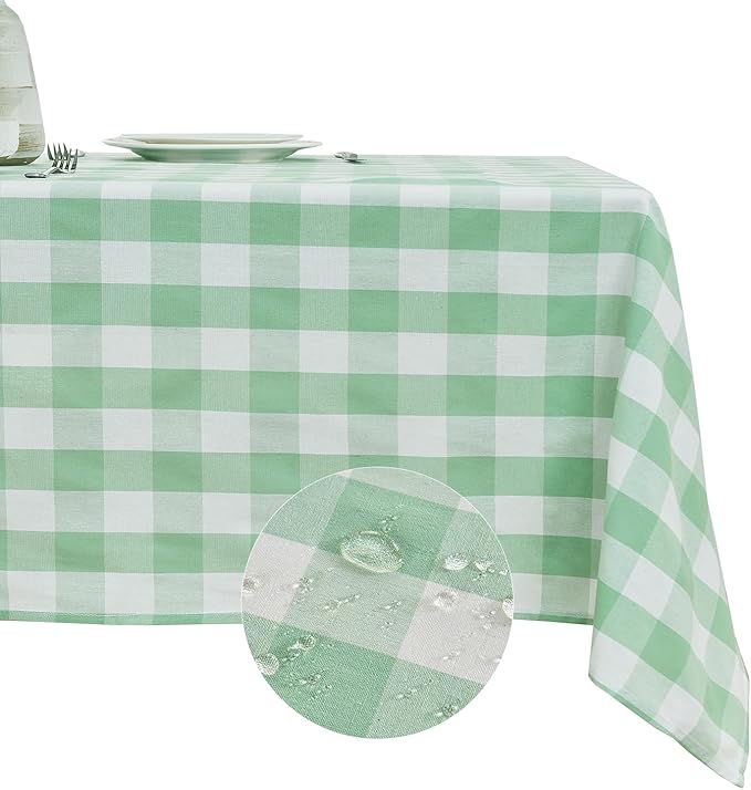 BALCONY & FALCON Rectangle Gingham Table Cloth ??Water-Resistant Cotton Blend, Spill-Proof & Washable Checkered Tablecloth for Kitchen, Dining, Picnic, Party (Green White, 55x95 Inch)
