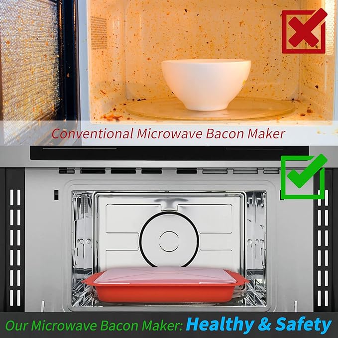 MMUGOOLER 2 Pack Microwave Easy Bacon Maker/Cooker with Lid, Safety, Quick and with No Mess, 11.3??L x 9.0" W x 2.4" H- Red