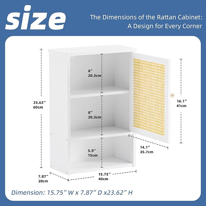 HITNET Bathroom Cabinet Wall Mounted, Rattan Medicine Cabinet, Bamboo Hanging Storage Organizer Over The Toilet with Adjustable Shelf for Living Room, Kitchen, Hallway (White)
