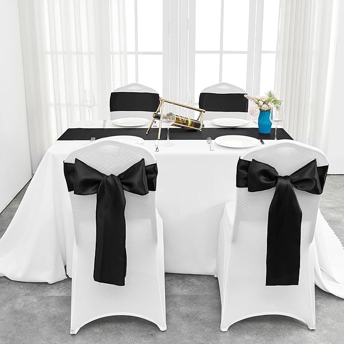 10-Pack Black Satin Table Runner 12 x 108 Inch Long Bright and Smooth Silk Fabric Table Runner for Wedding Banquet Birthday Party Decoration