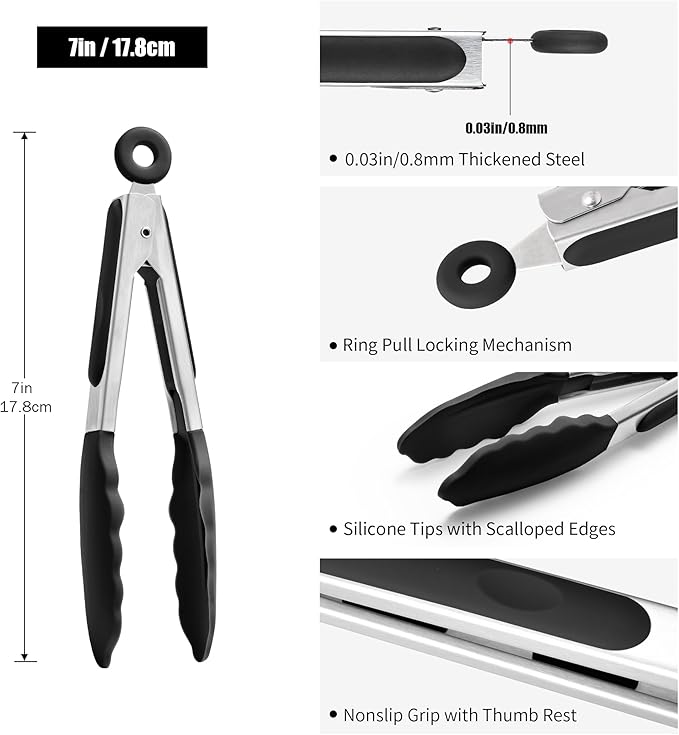 Doosu Kitchen Tongs for Cooking - 600째F Heat Resistant Food Tong with Non-Scratch Silicone Tips, Heavy Duty Stainless Steel Locking Tong for BBQ, Grilling Steak, Serving Salad, Pasta (7in, Black)