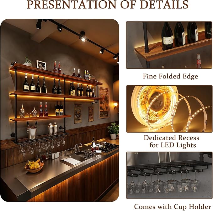70.9in Large Wine Rack with LED Light, 4 Tiers Solid Wood Wall Mounted Wine Rack, Industrial Liquor Bottles Floating Shelves with Glass Holder for Home Bar/Dining Room (70.9in/180cm)