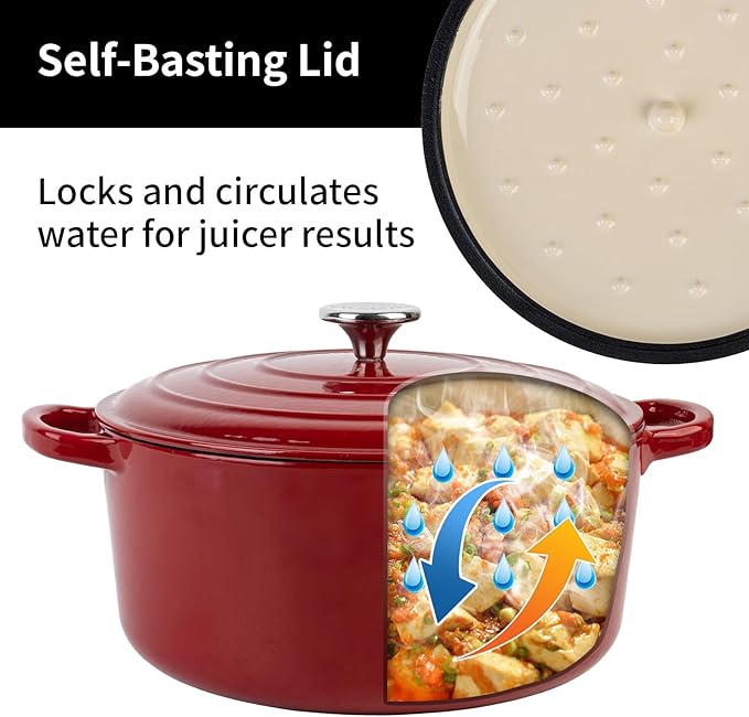 Enameled Cast Iron Dutch Oven Pot with Lid, 5.7 Quart Dutch Oven for Bread Baking, Oven Safe up to 500째 F, Suitable for Bread Baking, Braising, Roasting, Stews, Red