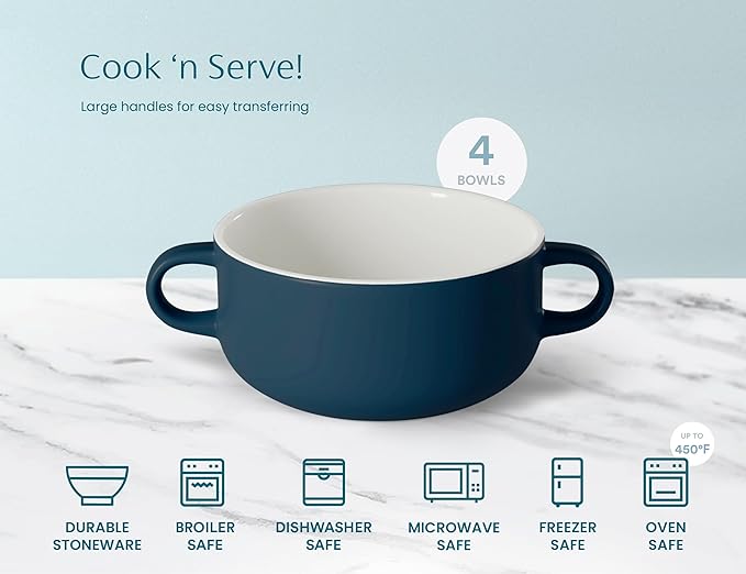 Kook Soup Crocks, Ceramic Bowls, Broil, Oven, Microwave and Dishwasher Safe, with Handles, For Casserole, Pasta, Cereal, 18 oz, Set of 4 (Navy)
