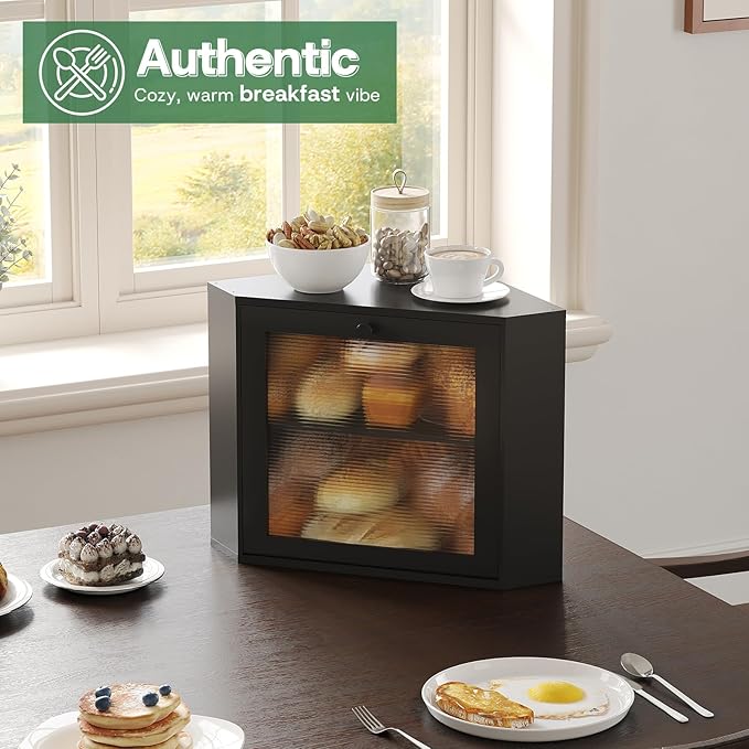 Black Corner Bread Box for Kitchen Countertop - Bamboo Wood, Wavy Acrylic Door, Adjustable 2-Layer Bread Storage Container, Large Bread Holder