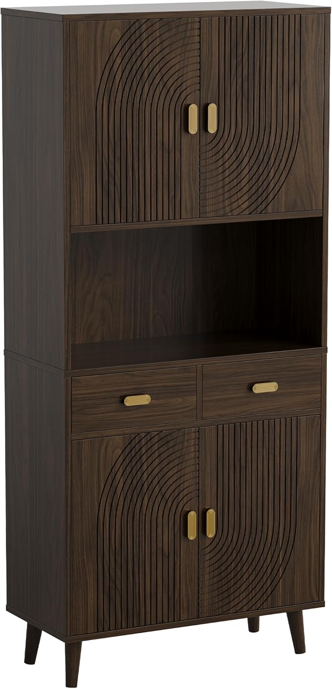 LIKIMIO 71.6" Mid-Century Kitchen Pantry Storage Cabinet, 3 Adjustable Shelves, 2 Drawers, 4 Line Grooved Doors, Elegant Solid Legs, Tall Kitchen Cupboard Hutch for Dining -Room, Living-Room, Walnut