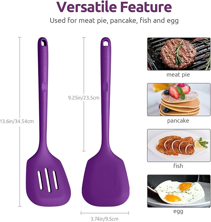 600쨘F Heat Resistant Silicone Turners: U-Taste 13.6in Long Solid & Slotted Kitchen Spatula Flipper, Large Flexible Cooking Utensil for Flipping Egg, Pancake in Nonstick Cookware(Purple, 2PCS)