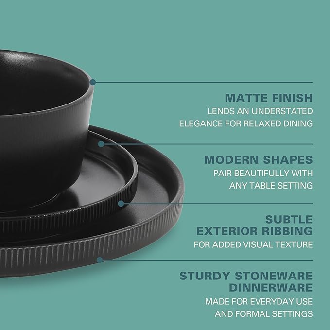 Gibson Home Dempsey Road 12-Piece Stoneware Dinnerware Set ??Service for 4, Round Black Plates and Bowls, Durable Solid Color Modern Embossed Dish Set, Microwave & Dishwasher Safe