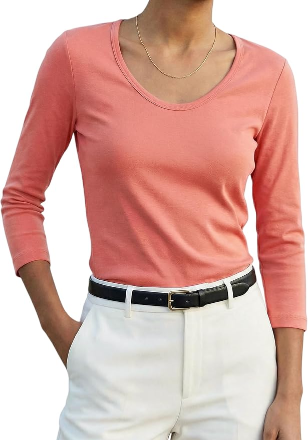 Women's 3/4 Sleeve Scoop Neck T-Shirt Cotton Blend Slim Fit Basic Tee Casual Spring Top 2026