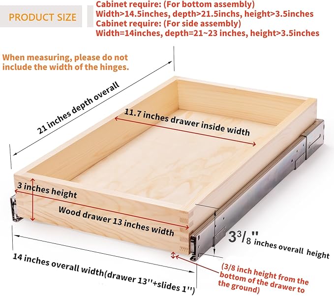 13?쓂 x 21?쒭 x 3?쒱 Soft Close Slide Out Wood Drawer Organizer for Kitchen, (Cabinet Opening Width>14.5 inches for Bottom Assembly, Width= 14 inches for Side Assembly)