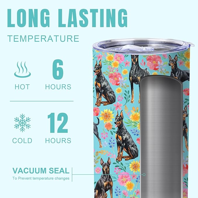 Yogusut Doberman Gifts for Women, 20oz Stainless Steel Insulated Tumbler Travel Mug Cup with Lid Straw Brush, Gifts for Dog Mom Dog Lover