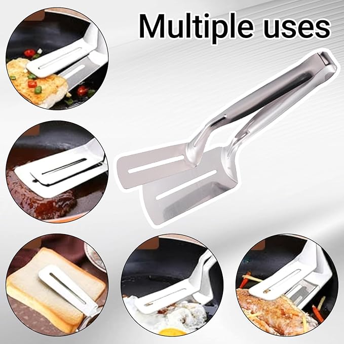 Stainless Steel Grill Clamp, 10 Inch Steak Clamps Anti-Scald Extended Handle Spatula Tongs Versatile Kitchen Tongs Food Flipping Tool for Bread Hamburger BBQ Meats Pizza Pies Bread Fish (2)