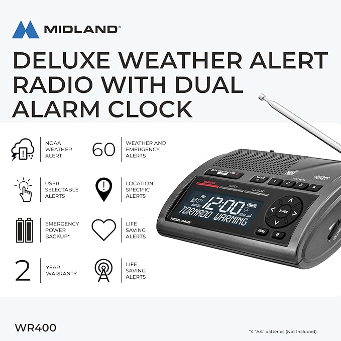 Midland - WR400 Weather Radio Deluxe - NOAA Emergency Alert Scanner ??Home Use with Battery Backup - Local County Programming Over 80 Emergency Voice Flashing Alerts ??Alarm Clock AM/FM Radio