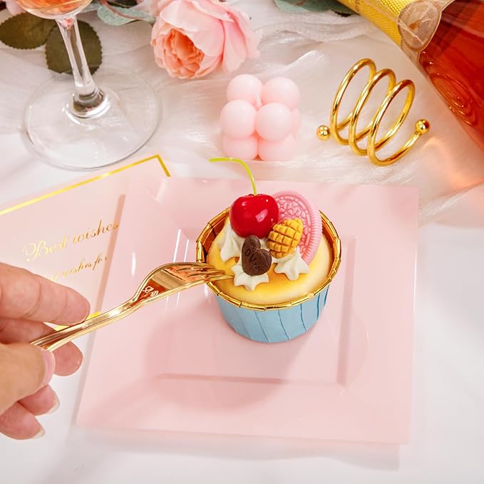 supernal 200pcs Square Pink Dessert Plates with Gold Plastic Forks,Appetizer Pink Plate Disposable with 100 Square Dessert Plates 6" and 100 5" Gold Forks Perfect Valentine Day Birthday Wedding