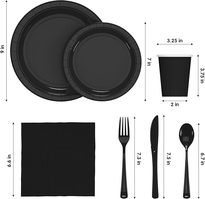 Exquisite 350 Pcs Black Paper Plates For Party, Black Disposable Plates Set, 50 Of Each 9" Dinner Plate Set, 7" Dessert Plate, Cups, Napkins & Cutlery Paper Dinnerware