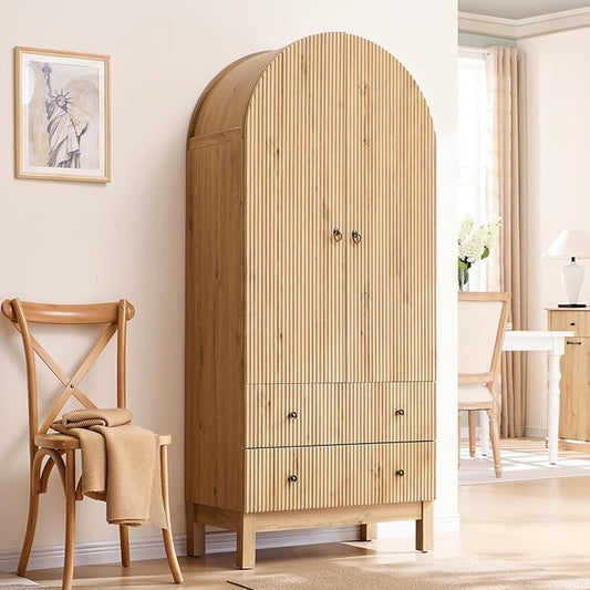 Fluted Arched Pantry Cabinet, 71" Tall Kitchen Storage Pantry Cabinet with Adjustable Shelves and 2 Large Drawers, Freestanding Morden Versatile Cupboard for Living Room, Bathroom, Natrual