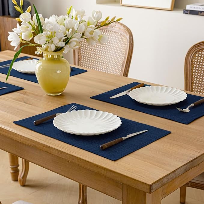 Aironment Placemats Set of 4, Bilayer Thickened Linen Place Mats Heat Resistant Machine Washable Wrinkle Free Carefully Selected Polyester Mats for Kitchen/Dining/Coffee Table (Navy Blue)